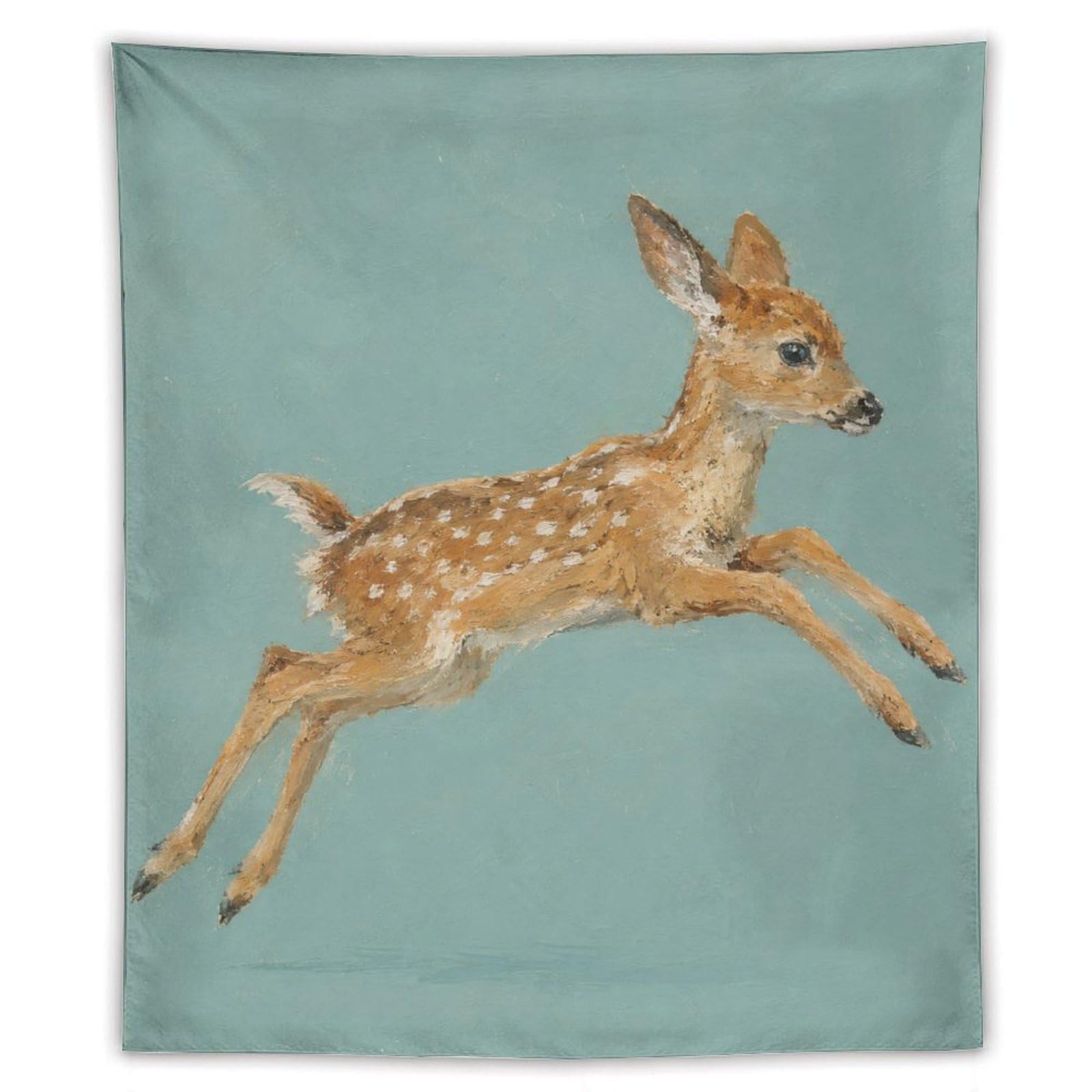 W7C8U2X3 Leaping Fawn Wall Tapestry, Realistic Illustration, Pastel Blue