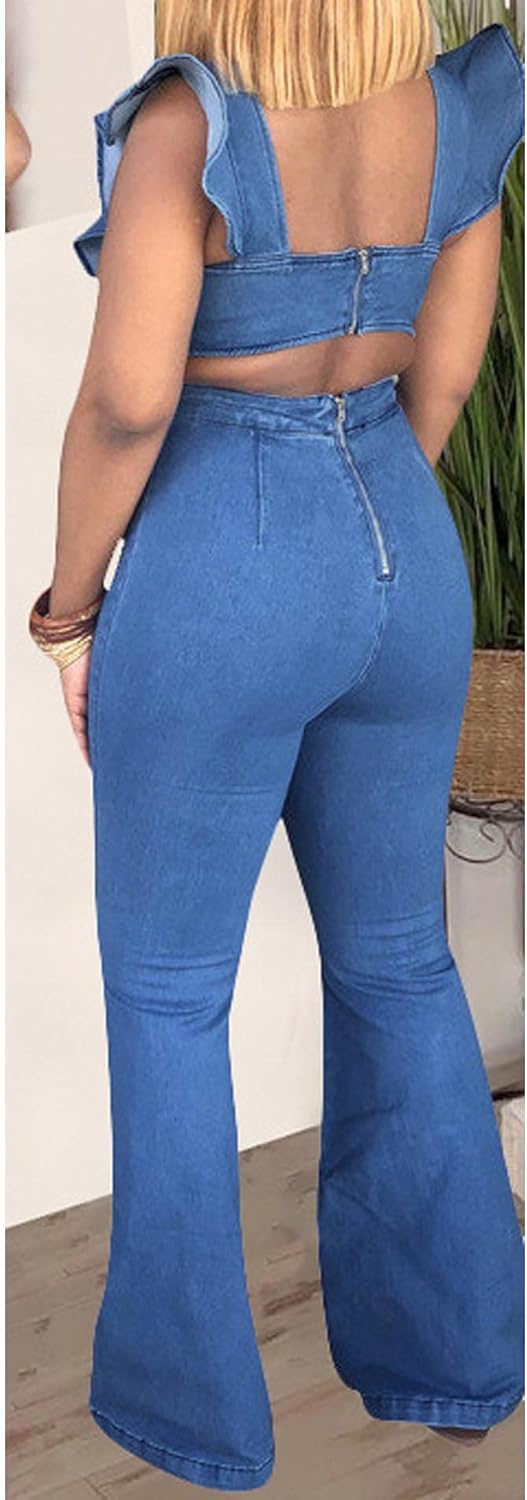 Sexyshine Women's Halter Lace Up Backless Casual Wide Leg Blue Denim Long Jumpsuit Playsuit Rompers With Belt - Image 2