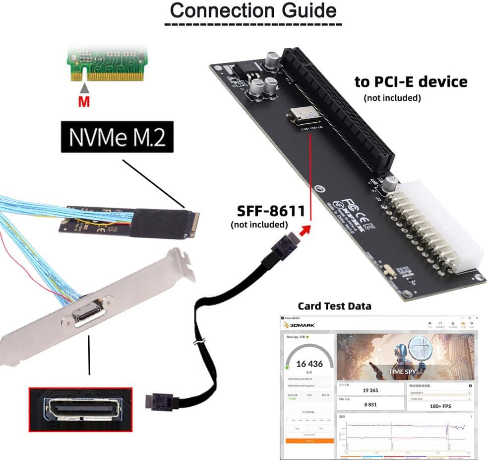 Xiwai M.2 2280 NGFF Card Adapter PCI-E4.0 M-Key to Oculink SFF-8612 SFF-8611 Host Cable 30cm with Bracket for NVME U.2 SSD eGPU