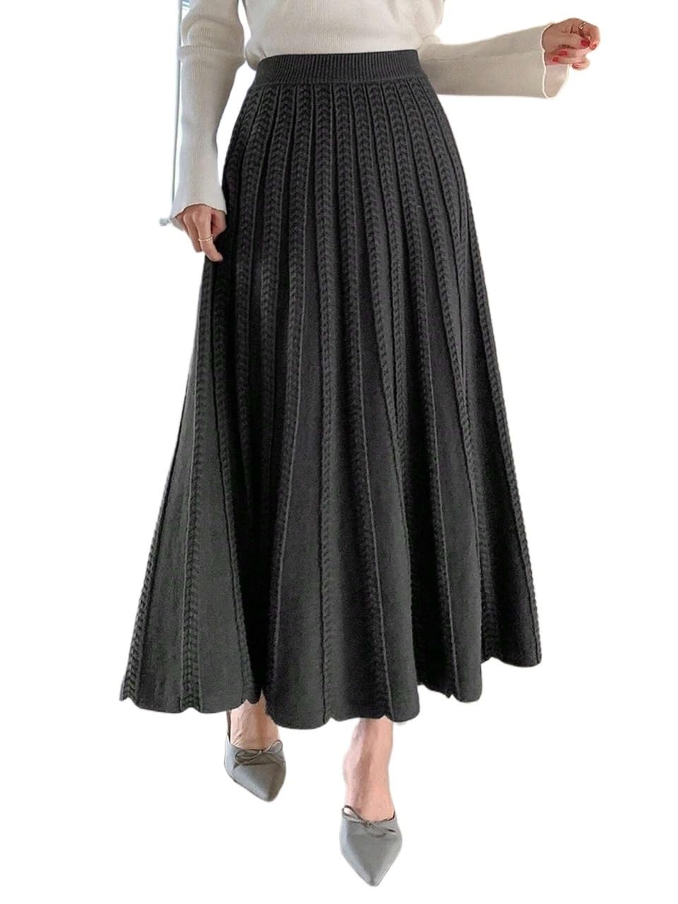 High Waist Pleated Knit Long Skirt Womens Basic Versatile Trendy Skirt