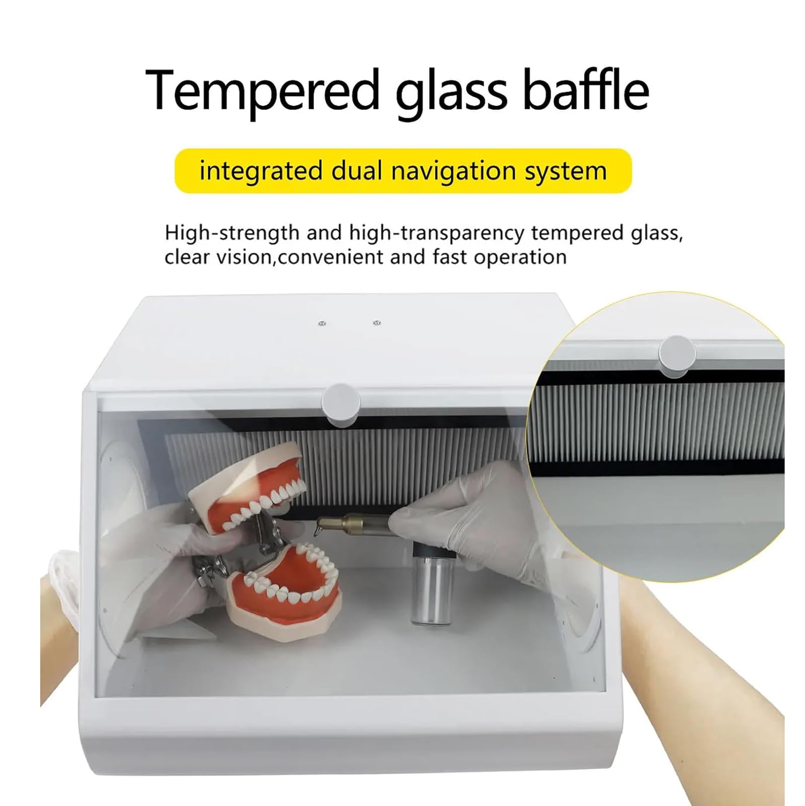 Aspiratore per Sabbiatura Dentale, Scatola Raccolta Polveri per Laboratorio Odontoiatrico Illuminato a LED con 2 Filtri, Doppia unità Estrazione/Vetro Temperato