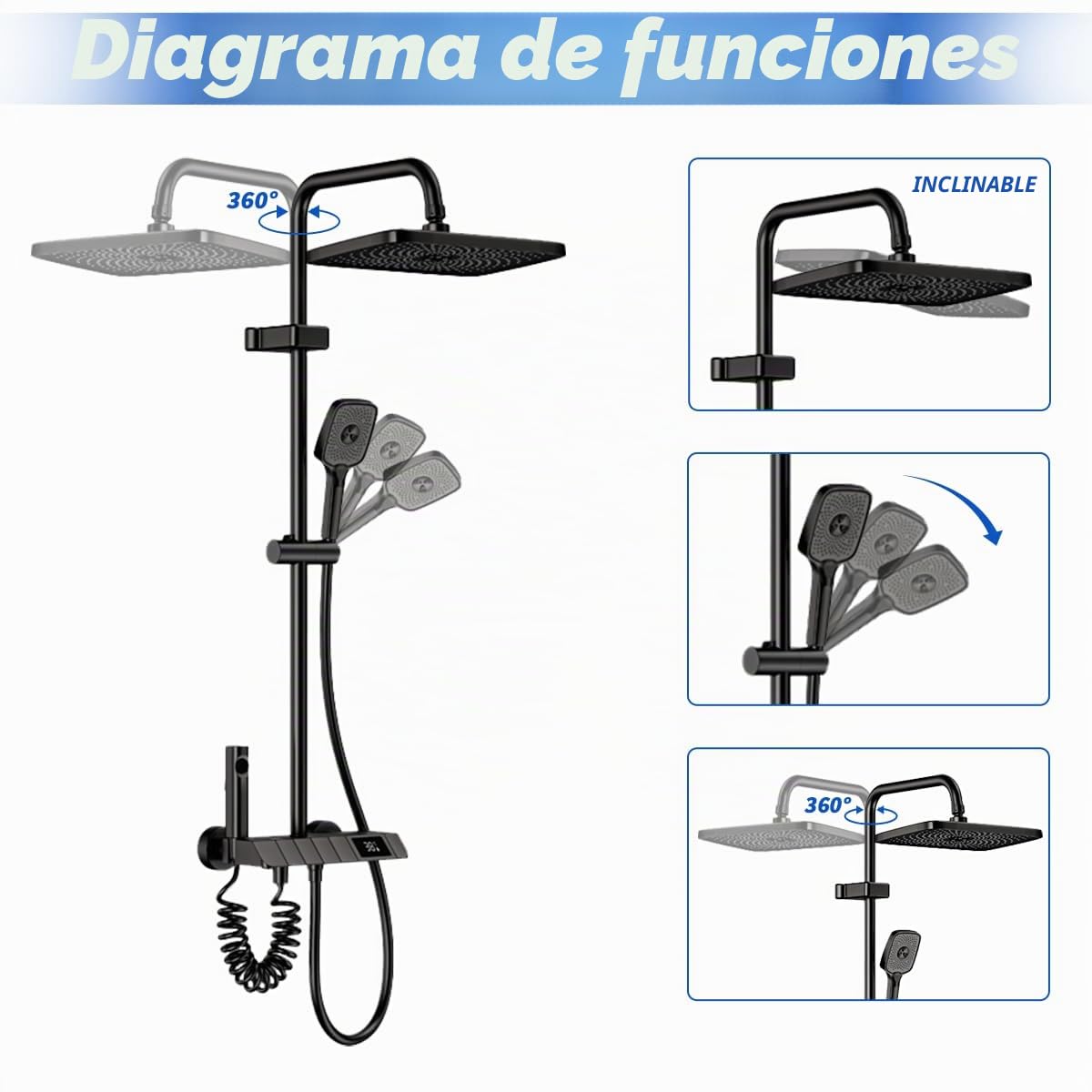 Columna de Ducha con Grifo, diseño de llave de piano, 30x20cm Cabezal de Ducha de Lluvia, Pantalla Digital LED, Altura Ajustable, Multifuncional para el Confort del Baño