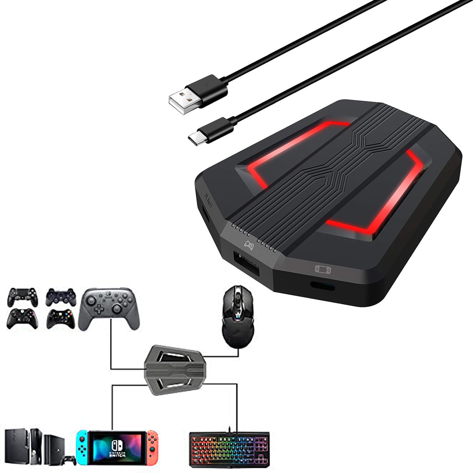 Excefore Keyboard/Mouse Adapter Portable Mice Converter for N-Switch PS4 PS3 Xbox One 360 with Four-Color Breathing Light