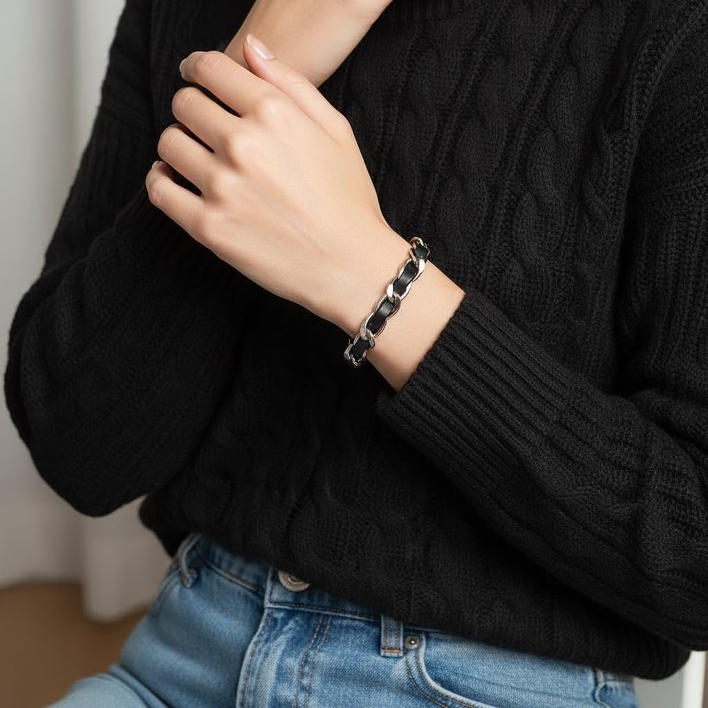 18K White Gold Plated over Stainless Steel Chain Bracelet with Black Leather Weave, Fashion Statement Piece for Women, Tarnish Proof, 6 inch length with Extension - Image 7