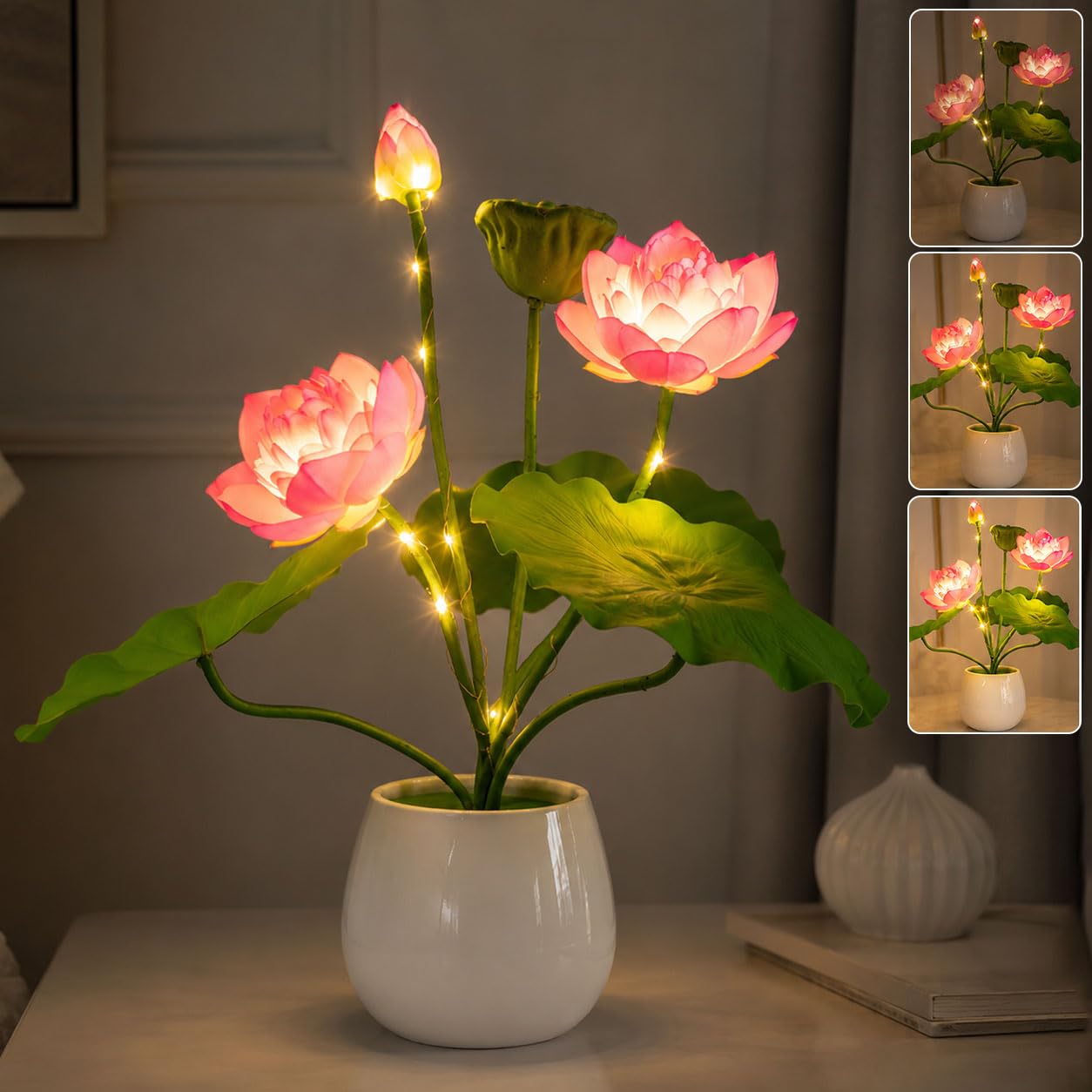 Artificial Flower Night Light, USB Plug-in Lotus Flower with Vase Lamp, Infinite Dimming Ambient Light, LED Desktop Decorative Landscape Lights for Festival Party Home Decor (Pink - Lotus)