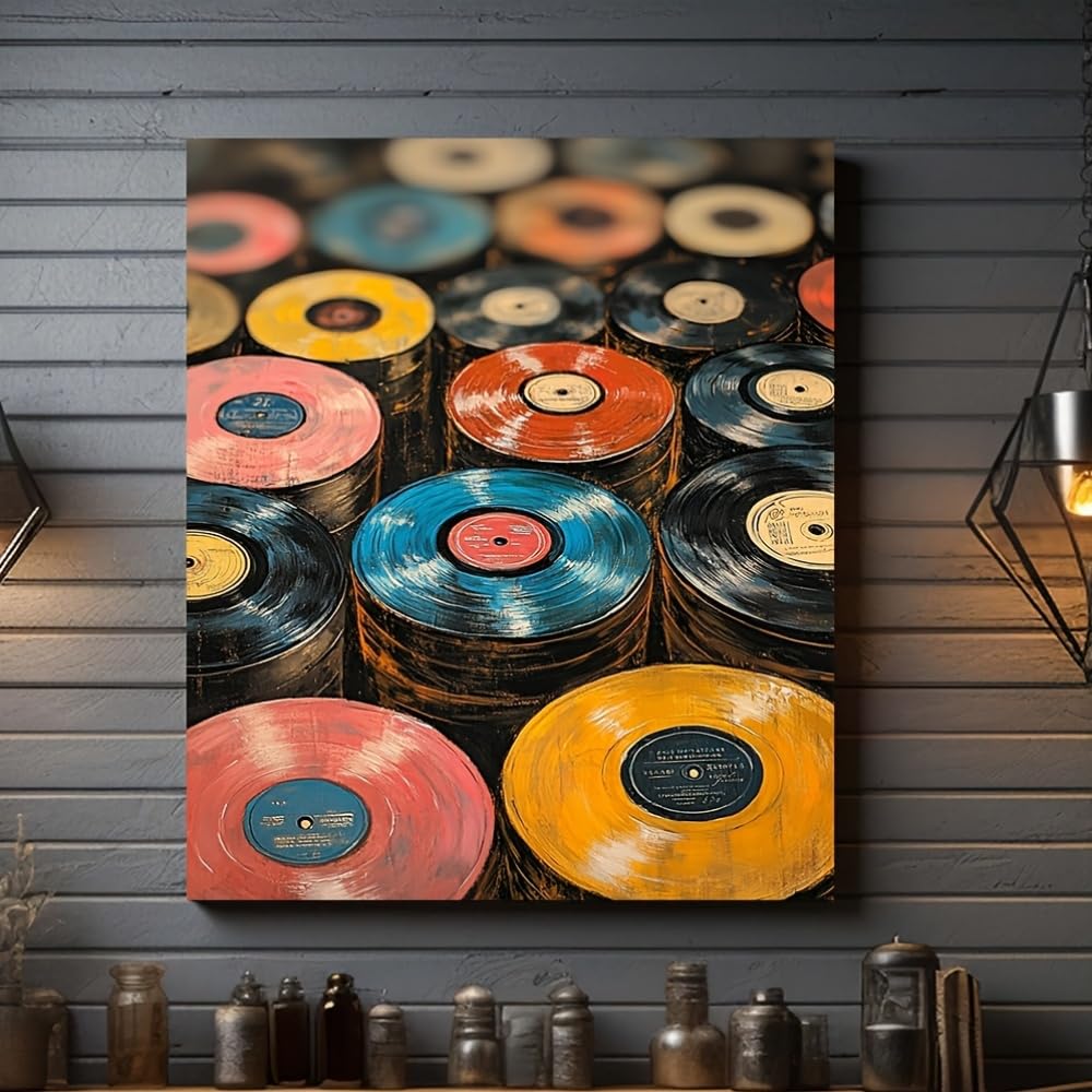 GKRXNZC Sztuka ścienna w stylu vintage, płyta winylowa, klasyczna dekoracja muzyczna z kolorowymi okładkami albumów, dla miłośników muzyki, dekoracja pokoju muzycznego (30 x 40 cm, z ramką)