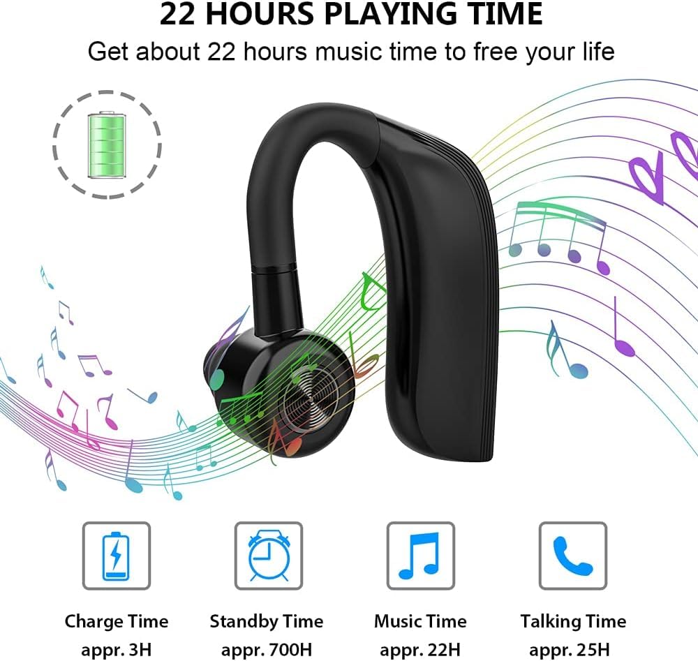 Casque Bluetooth 5.0, Casque Mains Libres D'une Durée de 22 Heures , Oreillette sans Fil Bluetooth avec Suppression du Bruit et Anti-Transpiration IPX4 pour Le Bureau, Les Affaires, La Conduite