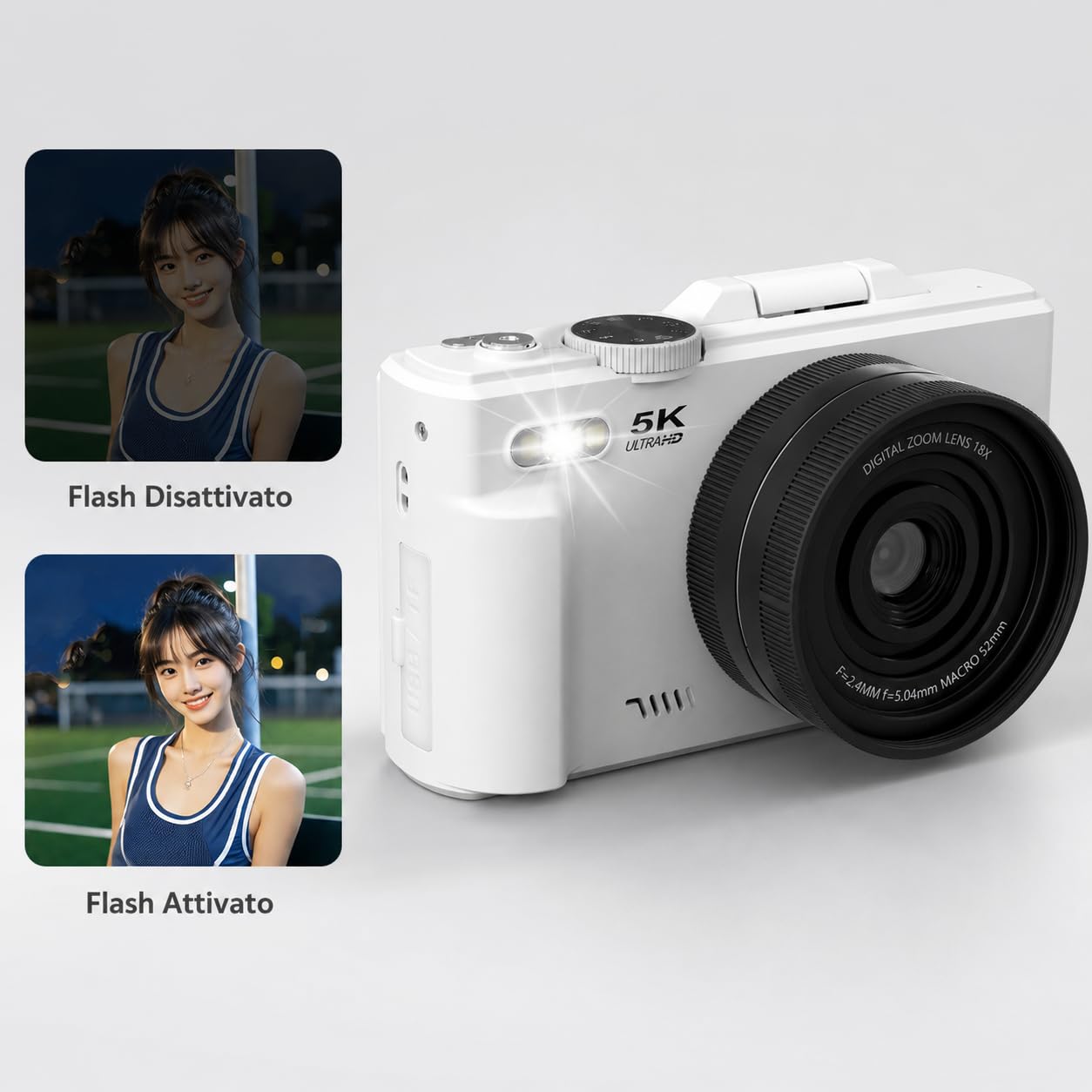 Optinexo 5K Digital Compact Camera Fotocamera Digitale Compatta 18X Zoom Schermo Ruotabile 180 Gradi Scheda 32GB Per Viaggi Vlog Foto Video (Rosa)