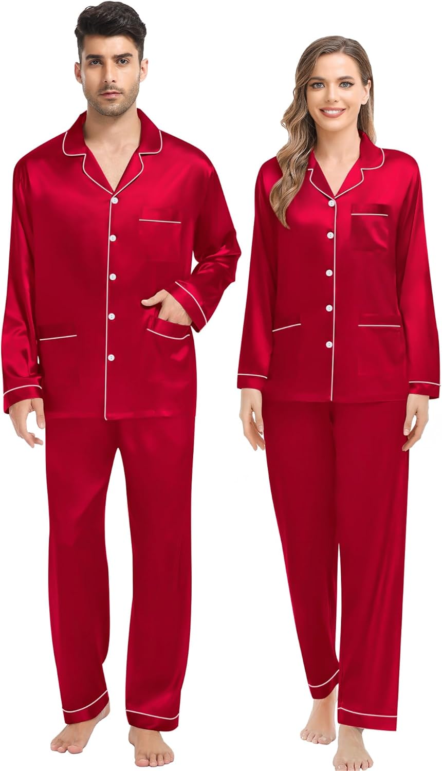 SWOMOG Couples Matching Pajamas Set Women & Men Satin Long Sleeve Sleepwear Soft Button Down Pj Set Silk Loungewear