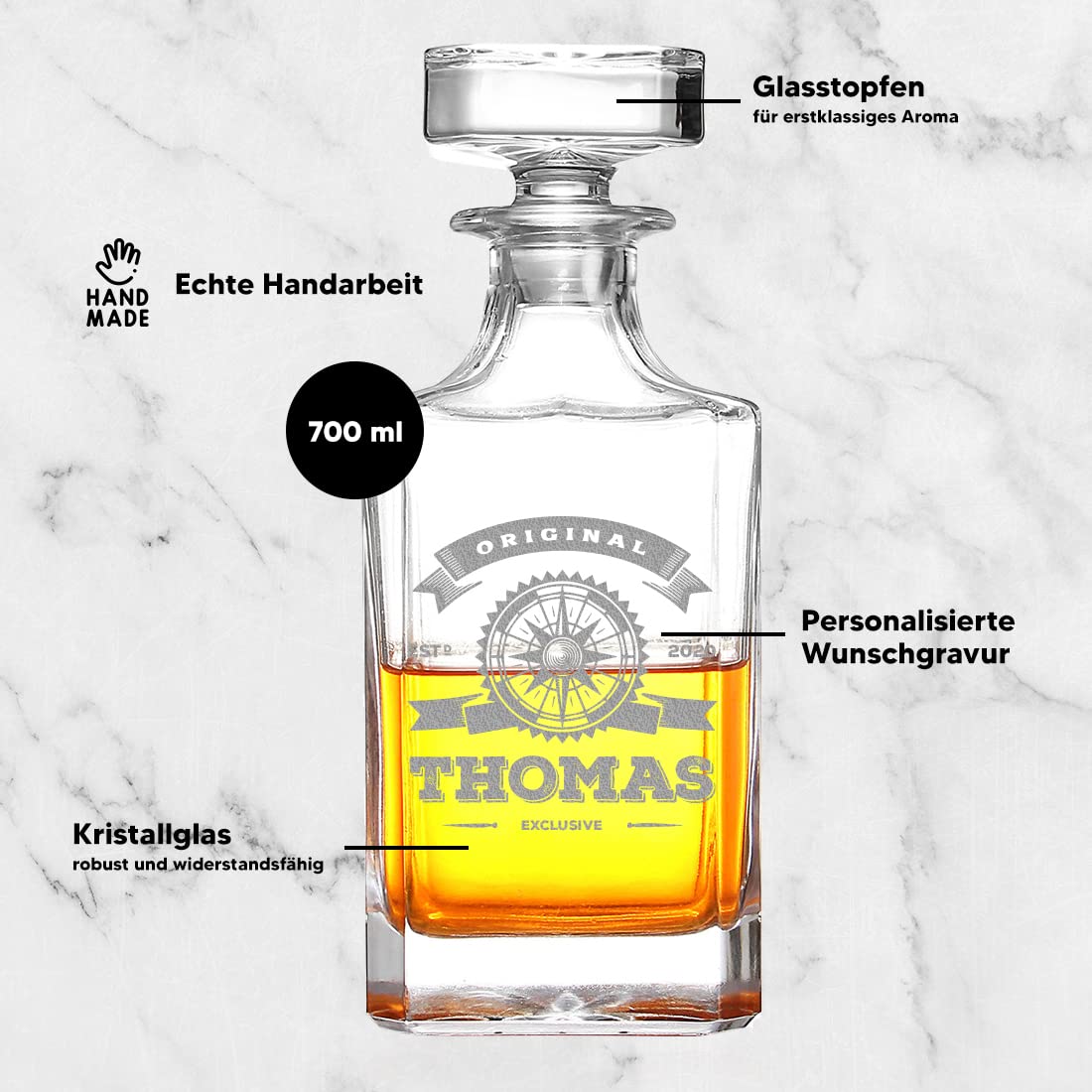 polar-effekt Lot de 2 carafes à whisky avec gravure personnalisée Motif boussole originale avec 1 verre à whisky 320 ml – Verre cristal – Carré – Gentleman – Drink – Anniversaire, Noël