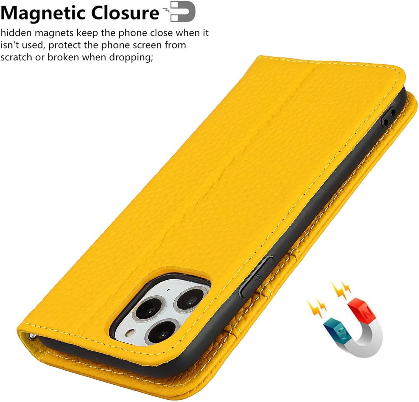 iCoverCase Compatible with iPhone 11 Pro Max Wallet Case with Credit Card Holder and Wrist Strap, RFID Blocking Genuine Leather Flip Magnetic Phone Cover 6.5 Inch (Yellow)