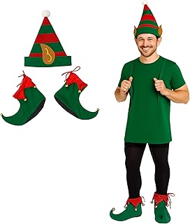 FNA FASHIONS Unisex Adult Elf Hat and Shoe Covers Set - Deluxe Elf Hat with Ears & Shoe Covers with Jingle Bells Costume Set- Christmas Santa's Helper Fancy Dress Accessories for Men & Women.