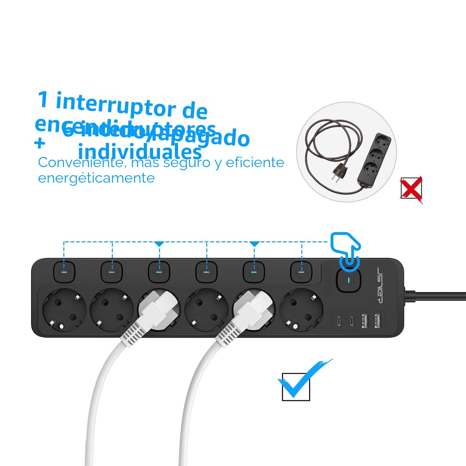 JSVER Regleta con Conmutación Individual, Enchufe Múltiple de 6 Tomas con 2 USB C&2 A, Regleta USB C(3680 W 16 A) para Oficina, Hogar o Viajes, Cable de 2 m