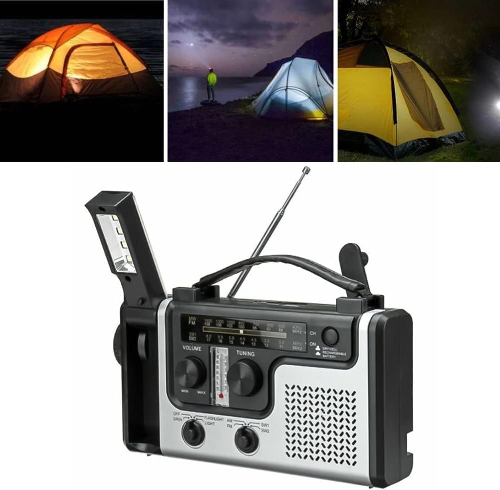 Radio d'urgence, Radio Solaire Portable à Manivelle Am/FM/SW Radios Multibande avec Lampe de Poche LED Lumineuse, Banque d'alimentation, Alarme SOS et Testeur de Température