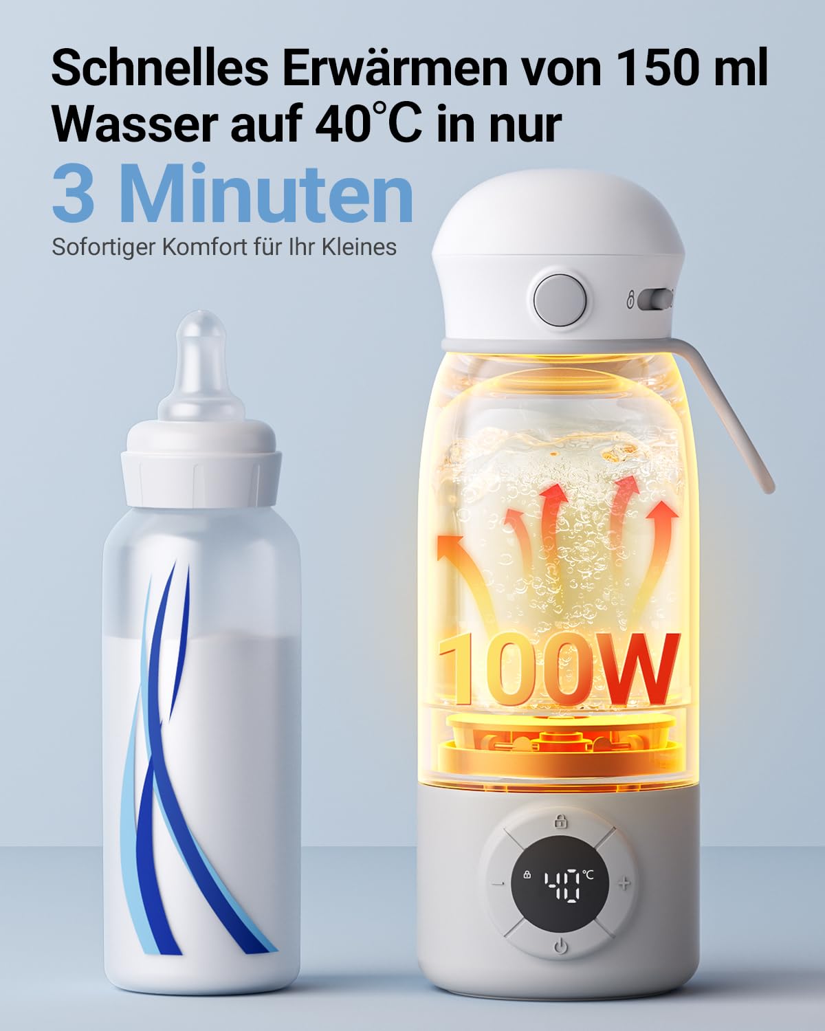 Bear Tragbarer Flaschenwärmer Baby für unterwegs, Schnell aufheizbarer elektrischer Milchwärmer ohne BPA, großes Fassungsvermögen von 500 ml für Muttermilch und Wasser, für Auto, Camping und Reisen