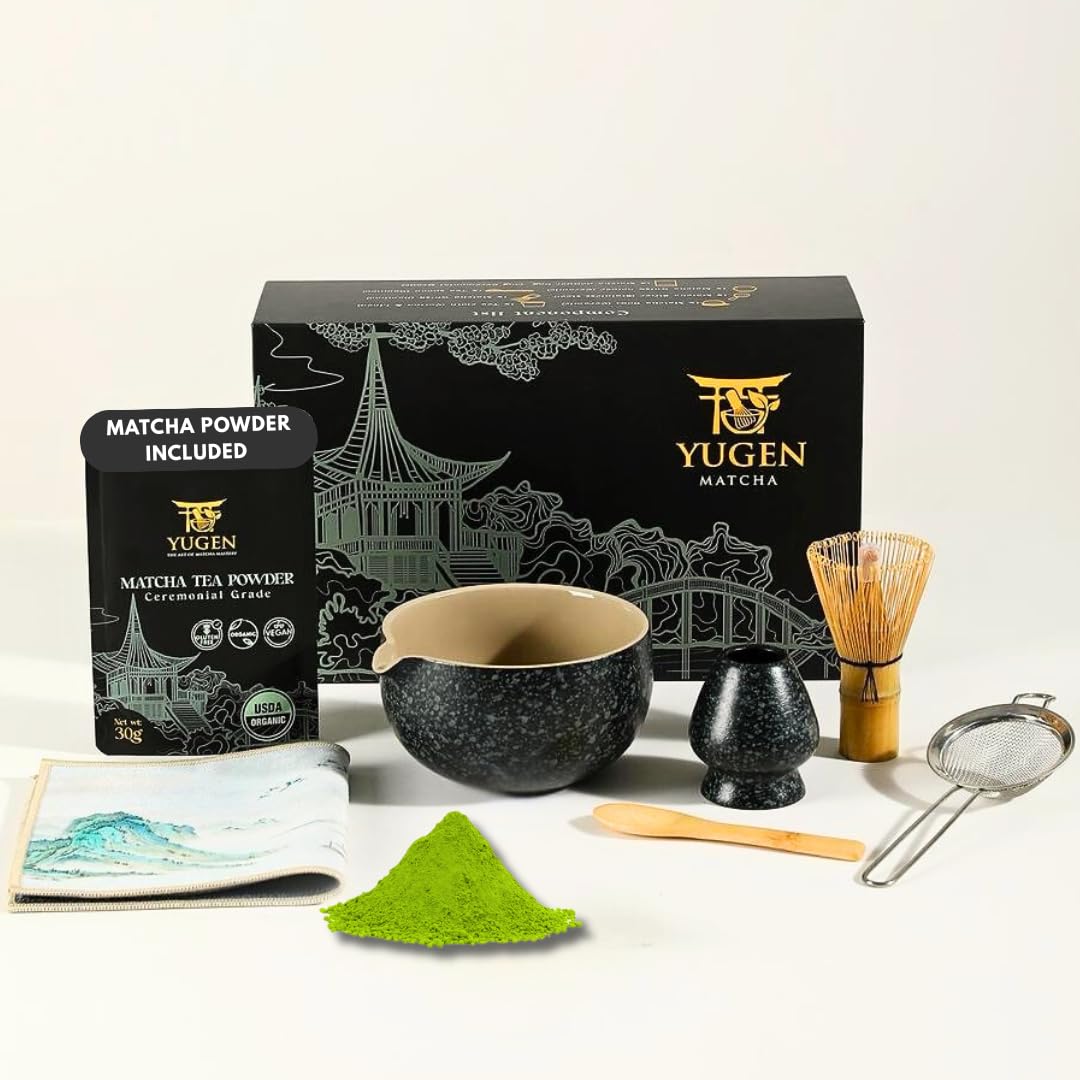 YUGEN MATCHA 7 Piece Matcha Whisk set, Metal Sifter, Bamboo Whisk, Whisk Holder, Bamboo Spoon, Tea Cloth, Matcha Bowl, Ceremonial Grade Matcha Powder, Tea set, Ceremony set