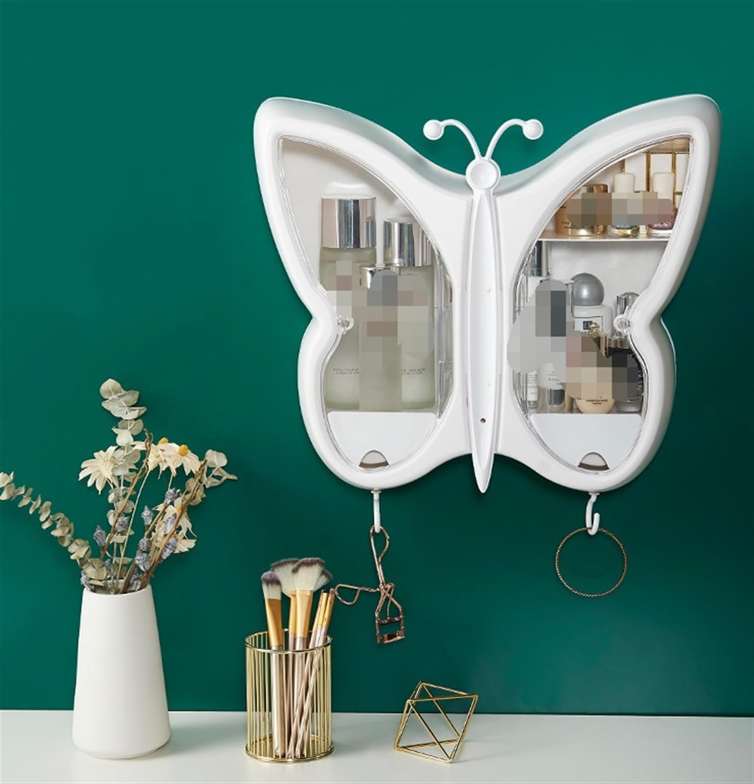 Organizador Organizador Multifunción para Tocador, Caja De Almacenamiento Cosméticos para Colgar En La Pared con Lámpara Maquillaje