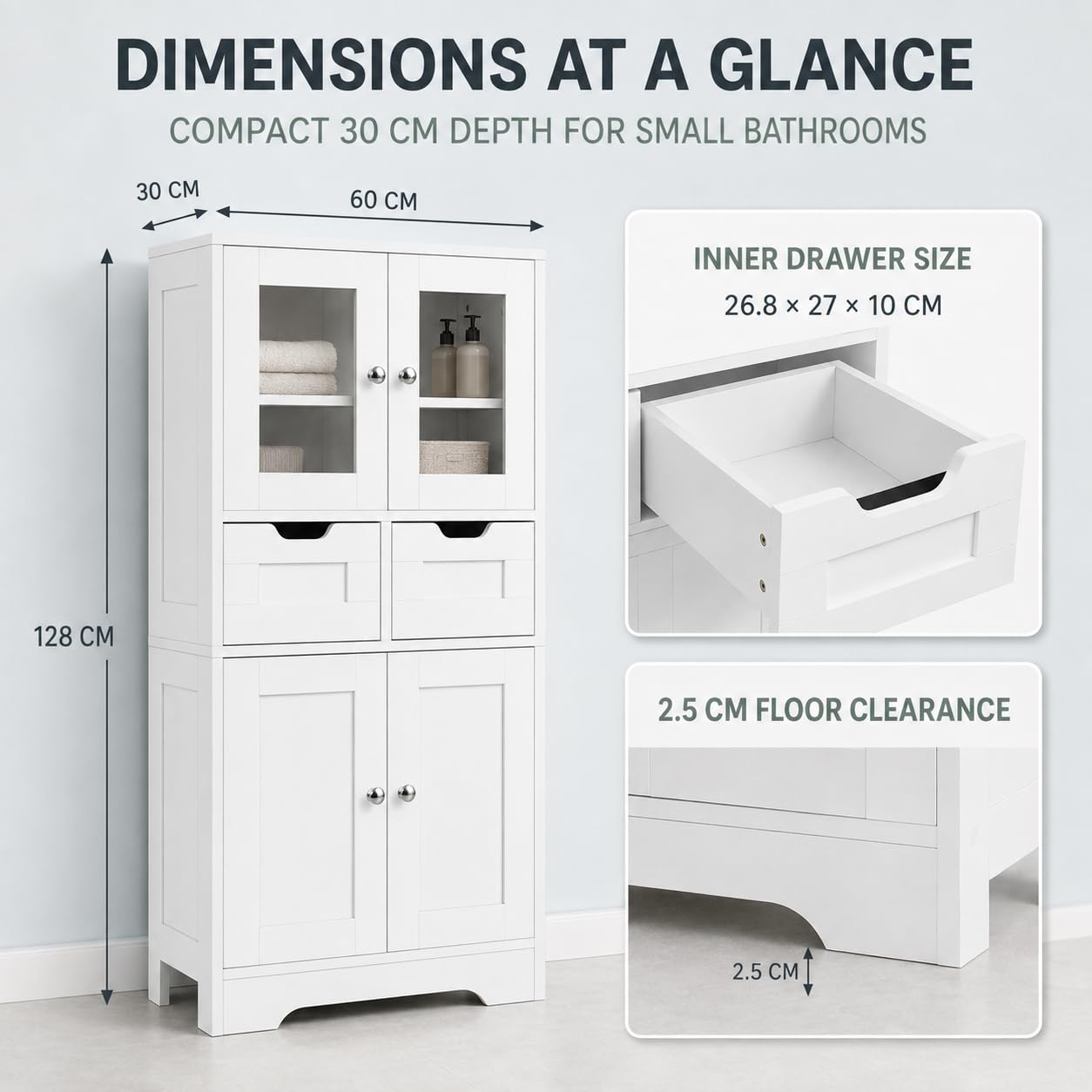 Mueble Columna de Baño Blanco, 30 cm de Fondo, 2 Cajones, 128 cm de Alto | Armario auxiliar para baño con 2 puertas de vidrio, 2 puertas opacas y 2 estantes regulables en 3 alturas.