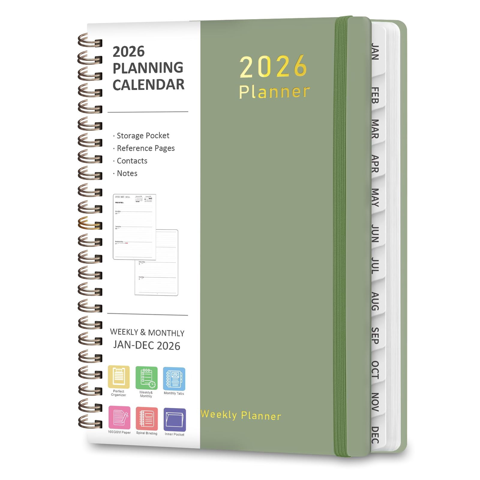 2026 Planner, Weekly and Monthly Calendar Academic Planner, Jan 2026 - Dec 2026, Planning Agenda Book for Desk Accessories and School Supplies - A5 (6.3'' x 8.5'') Green 6.3"x8.5"(Jan 2026-Dec 2026）
