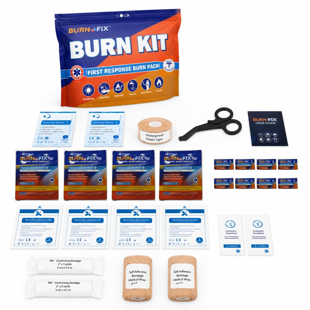 BurnFix® Burn Kit Πρώτη βοήθεια για εγκαύματα έκτακτης ανάγκης – 26-Piece Burn Θεραπεία με Gel ψύξης, Dressings & Γάντια – Κουζίνα, Sunburn, Chemical & Scald Relief – Σπίτι, Γραφείο, Ταξίδια