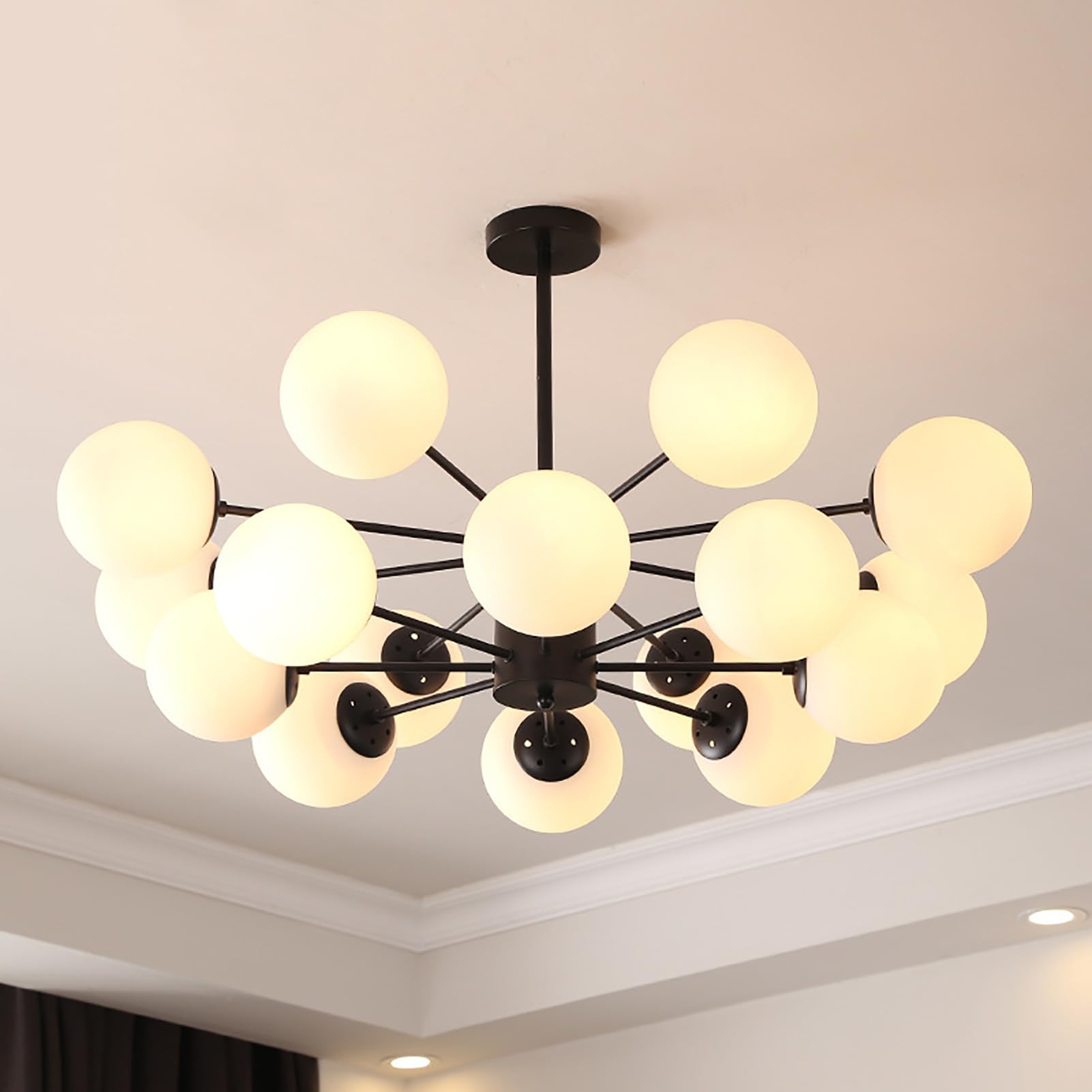ksxnkhk Mid Century Modern Chandelier, Glass Linear Pendant Light Dimmable Light Fixture, Decorative Globe Ceiling Light for Dining Room, Bedroom, Kitchen, Easy Installation(16 Heads, Black + Cream)
