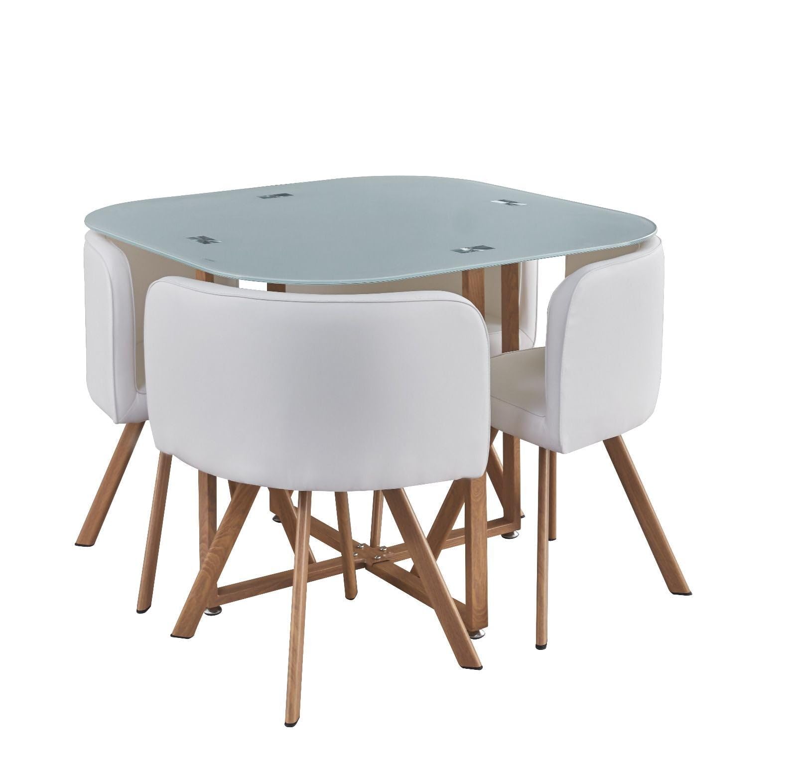 S & S Saldos y Stocks Mesa de Cristal Templado Teka + 4 Sillas. Comedor o Cocina Blanco 100x100 cm