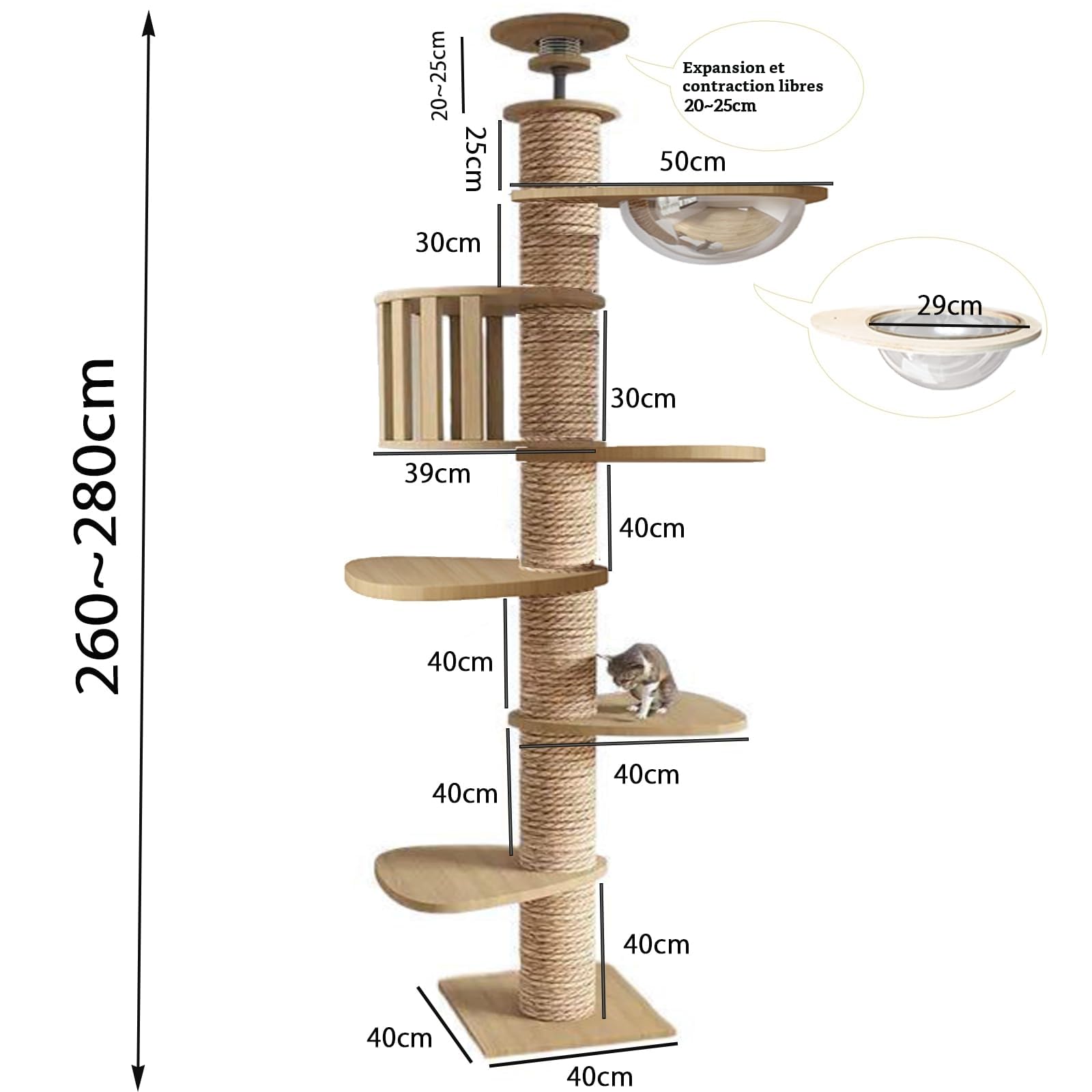 Arbre à Chat tendeur de Plafond - Corde en sisal de 11 cm de Large - pour Arbre à Chat, Capsule Spatiale, Cage à Chat, 4 Plateformes, Hauteur réglable
