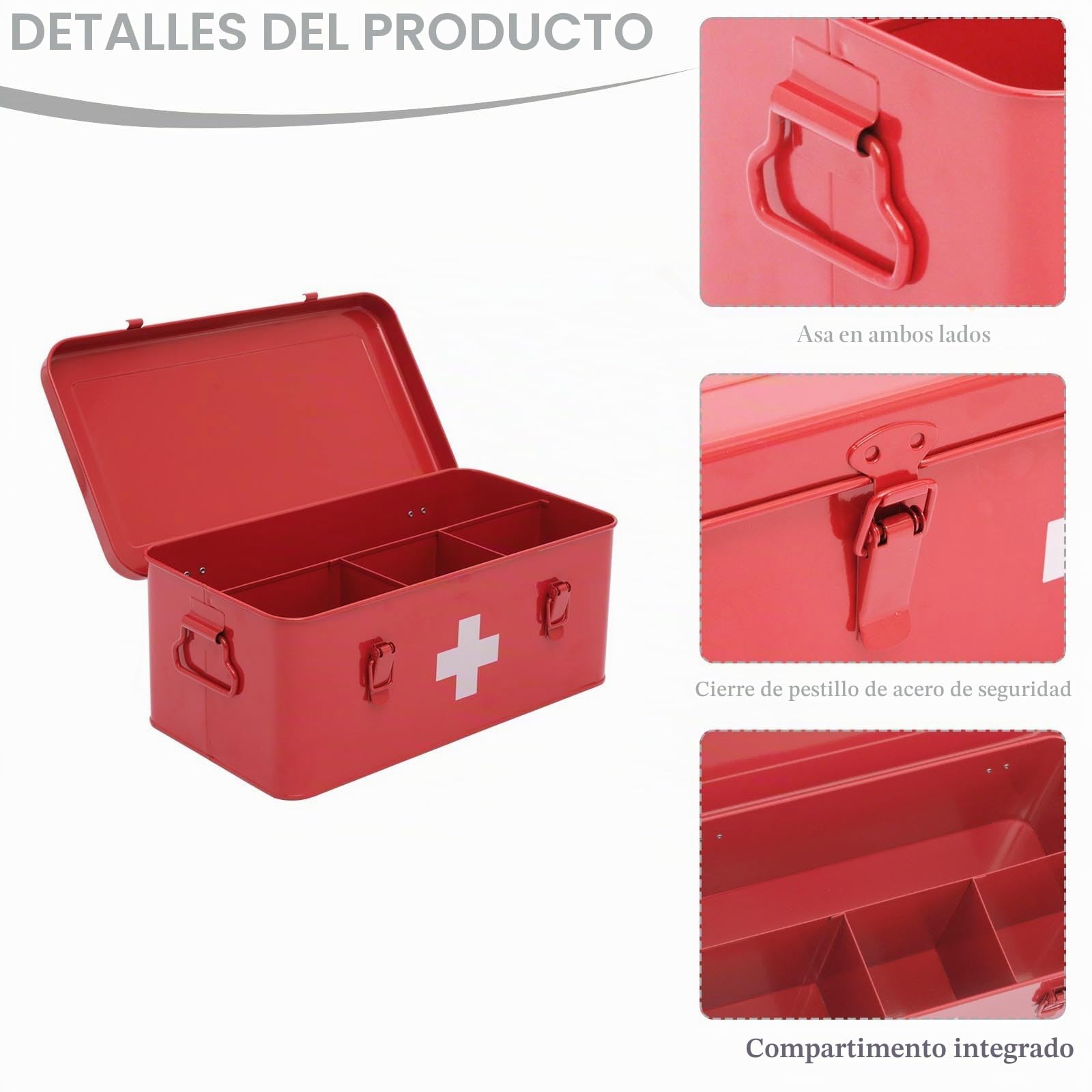 Caja para Medicamentos/Organizador de Medicamentos con 4 Compartimentos, Caja de Primeros Auxilios Portátil en Metal (Rojo) - Incluye Seguridad - Ideal para Casa, Oficina o Auto,Compacto 33x18x13 cm