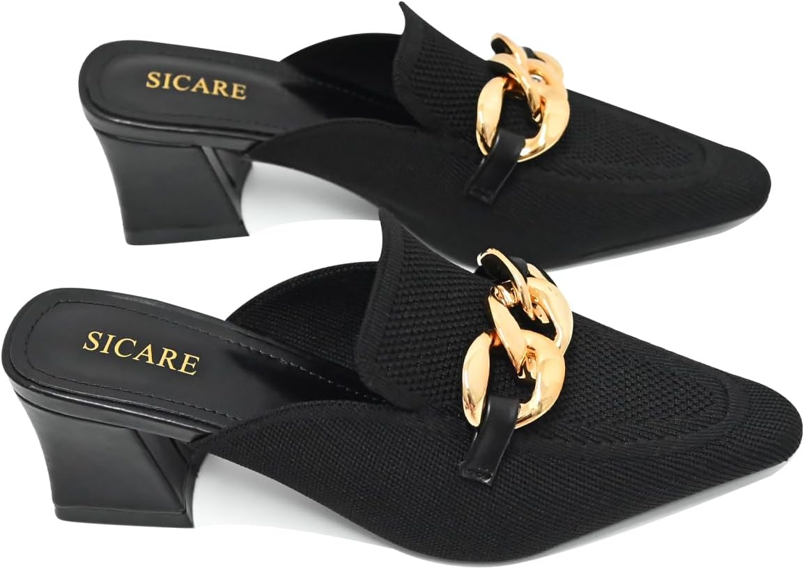 Heeled Mules for Women Closed Toe Chunky Heels Mules Knit Stretchy Pointed Toe Heels Sandals Comfortable Slip On Dress Pumps Sandals Slides for Business and Daily Wear - Image 5