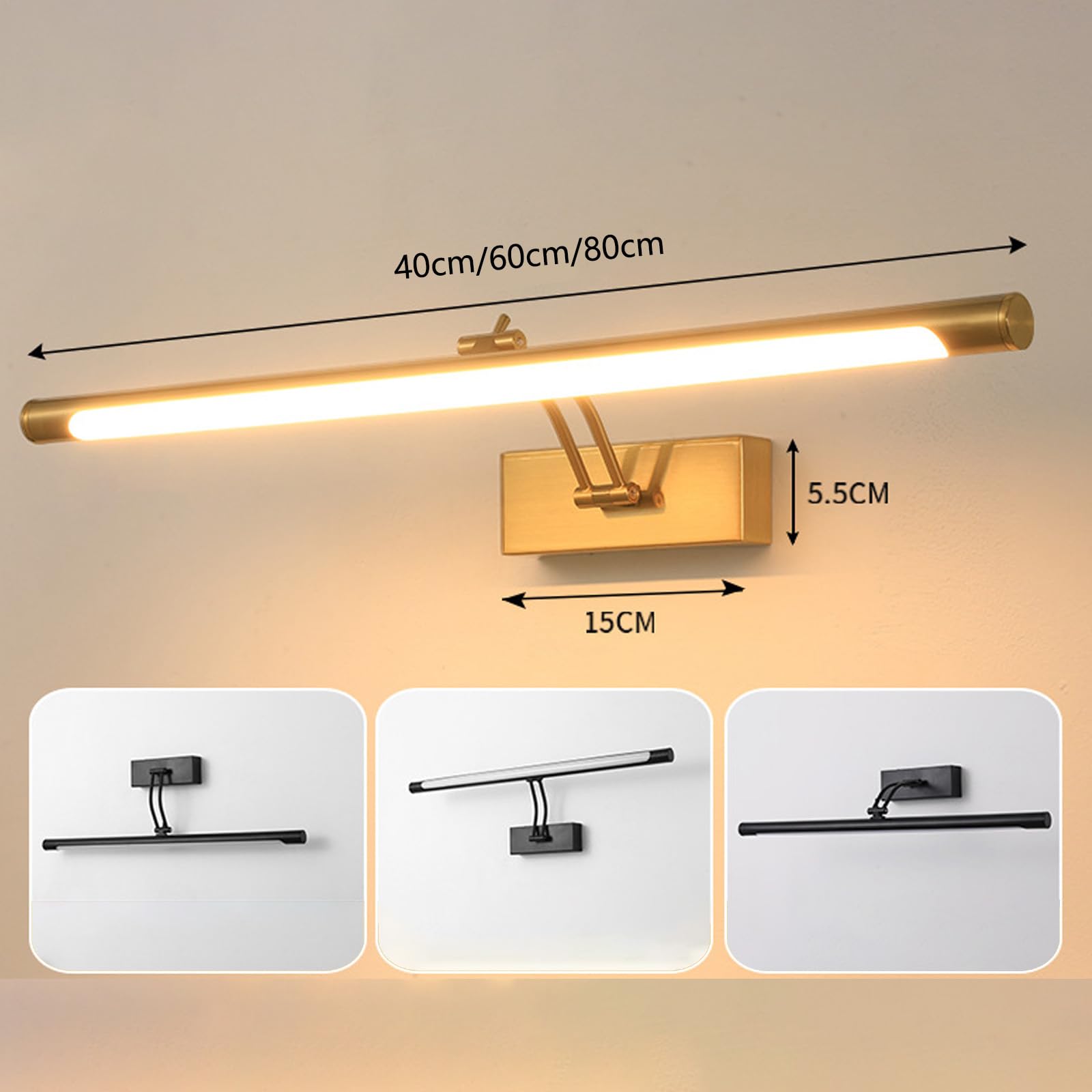 LED Spiegellampe Bad Wandlampe Indoor Wandleuchte mit Schwenkbarem Lampenkopf Wandbeleuchtung 270° Drehbare Wandleuchten Lange für Flur Arbeitszimmer Badezimmer (Kupfer-Warmes Licht,40cm)