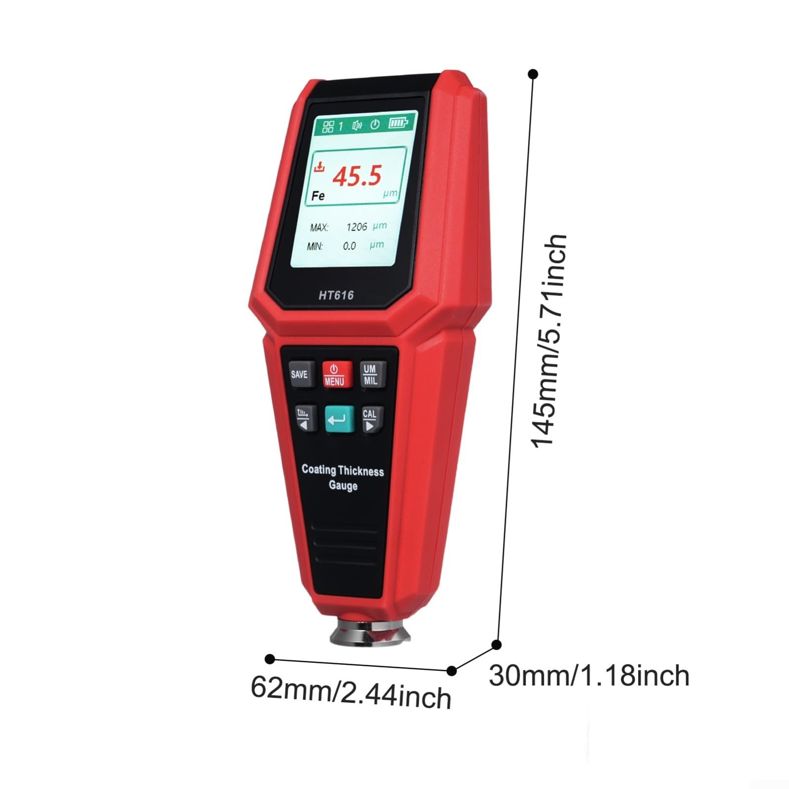 Misuratore di spessore del rivestimento HT616, 0-1500μm, misuratore di spessore della vernice automobilistica, display TFT da 2,0 pollici, riconoscimento automatico del substrato, archiviazione dati e