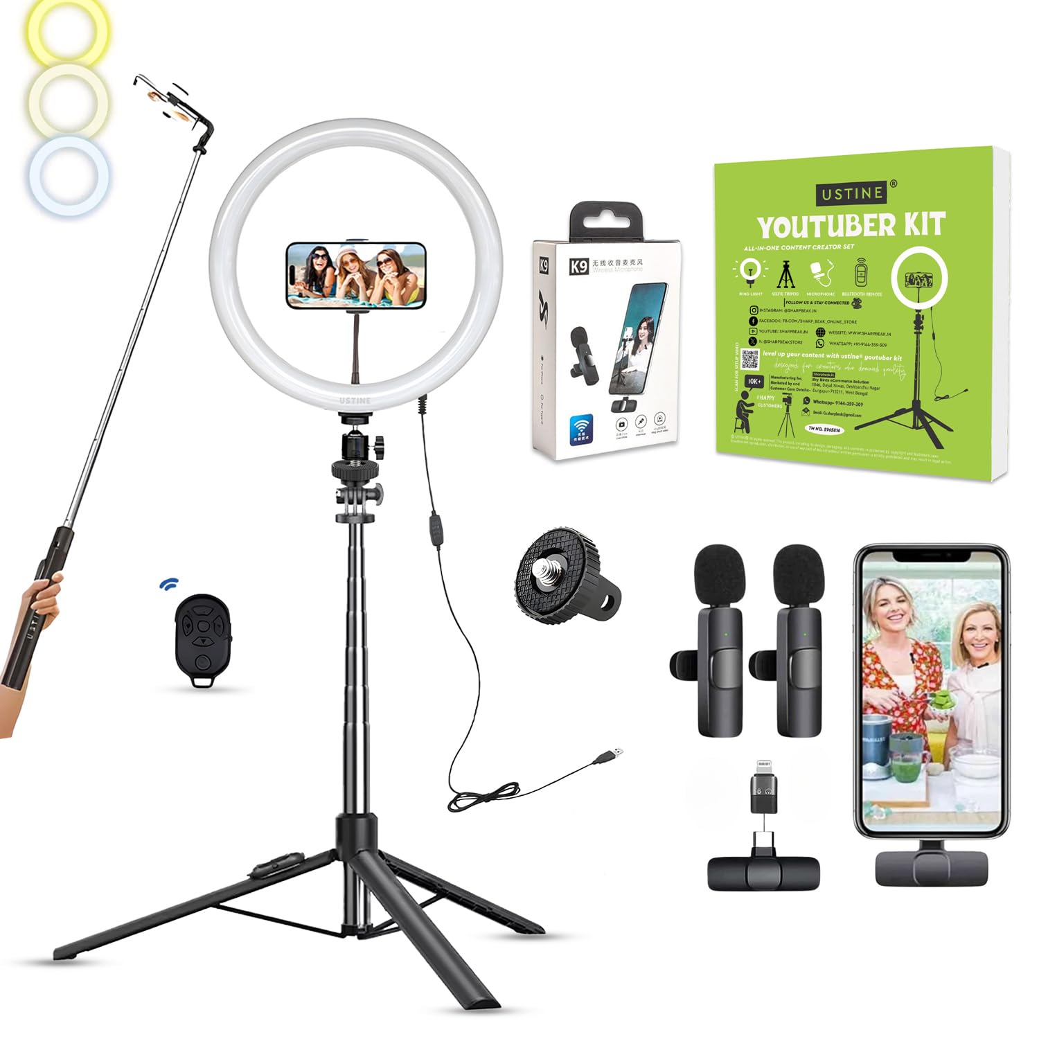 USTINE® Youtuber Kit | 10" Ring Light | Imported mic | Extra-Long Selfie Stick with Large Reinforced Tripod Upto 67 inch/170 cm (Tripro X5 + 10" Light+Dual Wireless Mic)-image-25