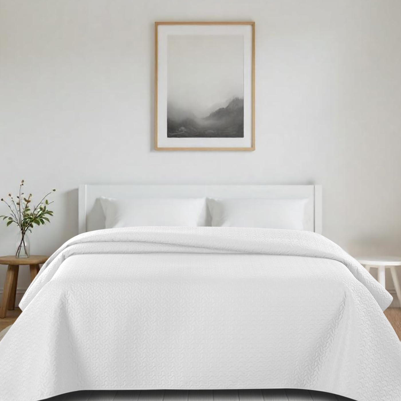 MERCURY TEXTIL - Plain Bouti Bedspread for Summer and Transition 100% Polyester. Thin, Light and Soft Bed Cover (Npt White, Bed 135)