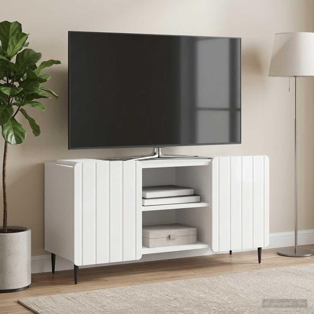 Biały mebel telewizyjny o wysokim połysku, szerokość 102 cm, z miejscem do przechowywania i zarządzaniem kablami, materiał drewnopochodny, nowoczesny kredens do salonu, konsola medialna