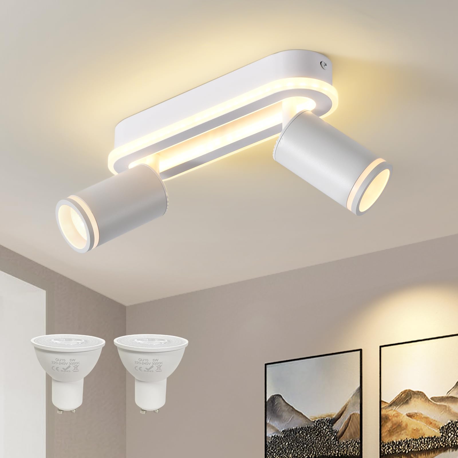 MYCUL LED Deckenstrahler 2 Flammig Schwenkbar 350°, Deckenleuchte mit unteres Glühen 15W+2x5W GU10 Spots,3000K WarmweißDeckenspot strahler,Spotleuchte für Küche,Farbmodi 360 drehbare