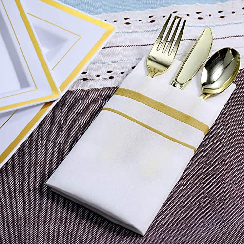 SUZZYVINE Disposable Golden Dinner Napkins with Built-in Flatware Pocket,Cloth Like Lunch Napkins for Wedding Party Linen Feel 100 Count 16" x 16" - Image 2