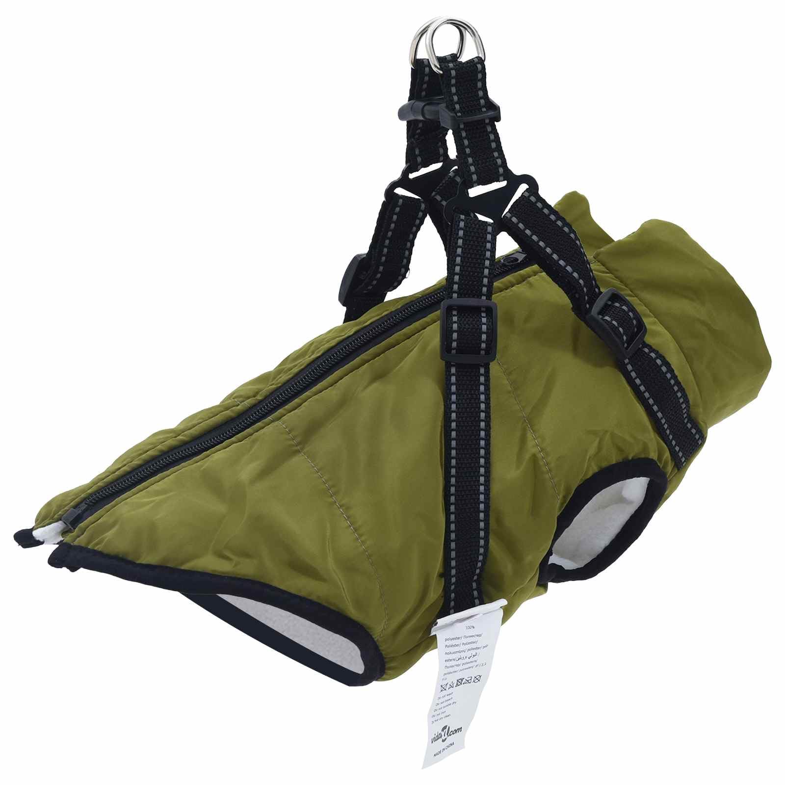 Cappotto per cani con pile e poliestere, antivento, impermeabile, riflettente, per passeggiate all'aperto, adatto per cani da 8 a 12 kg, regolabile, con foro per pettorina, verde oliva L40