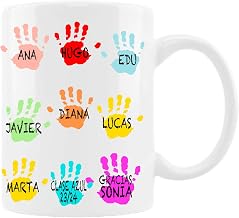 Teacher Mug, Teacher Mug, Personalized Handyman Mug with Name, End of Year Gift Mug, Mug with Coloured Hands and Name, Mug with Classroom Footprints (White Handyman)