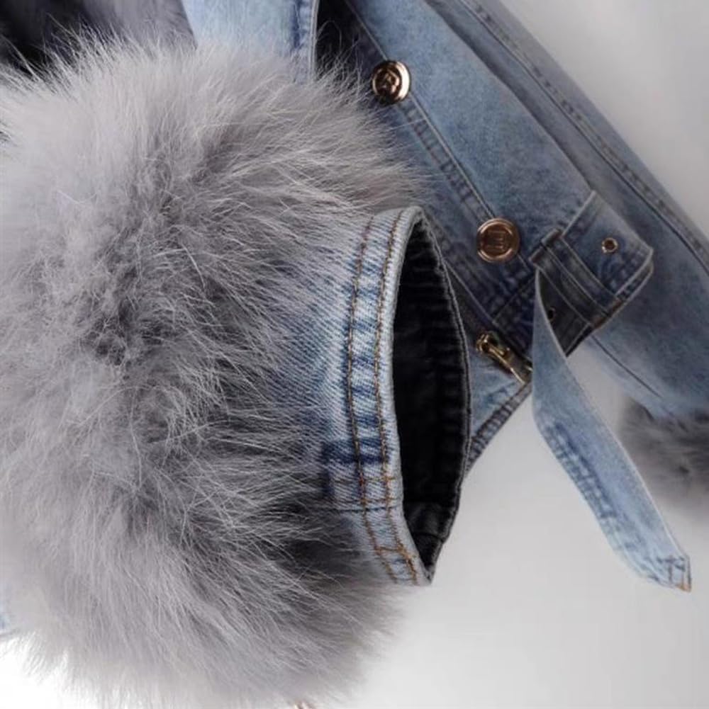 yoeasy Women Denim Jacket Removable Faux Fur Lined Thicken Shaggy Short Parka Coat Warm Winter Jean Jacket