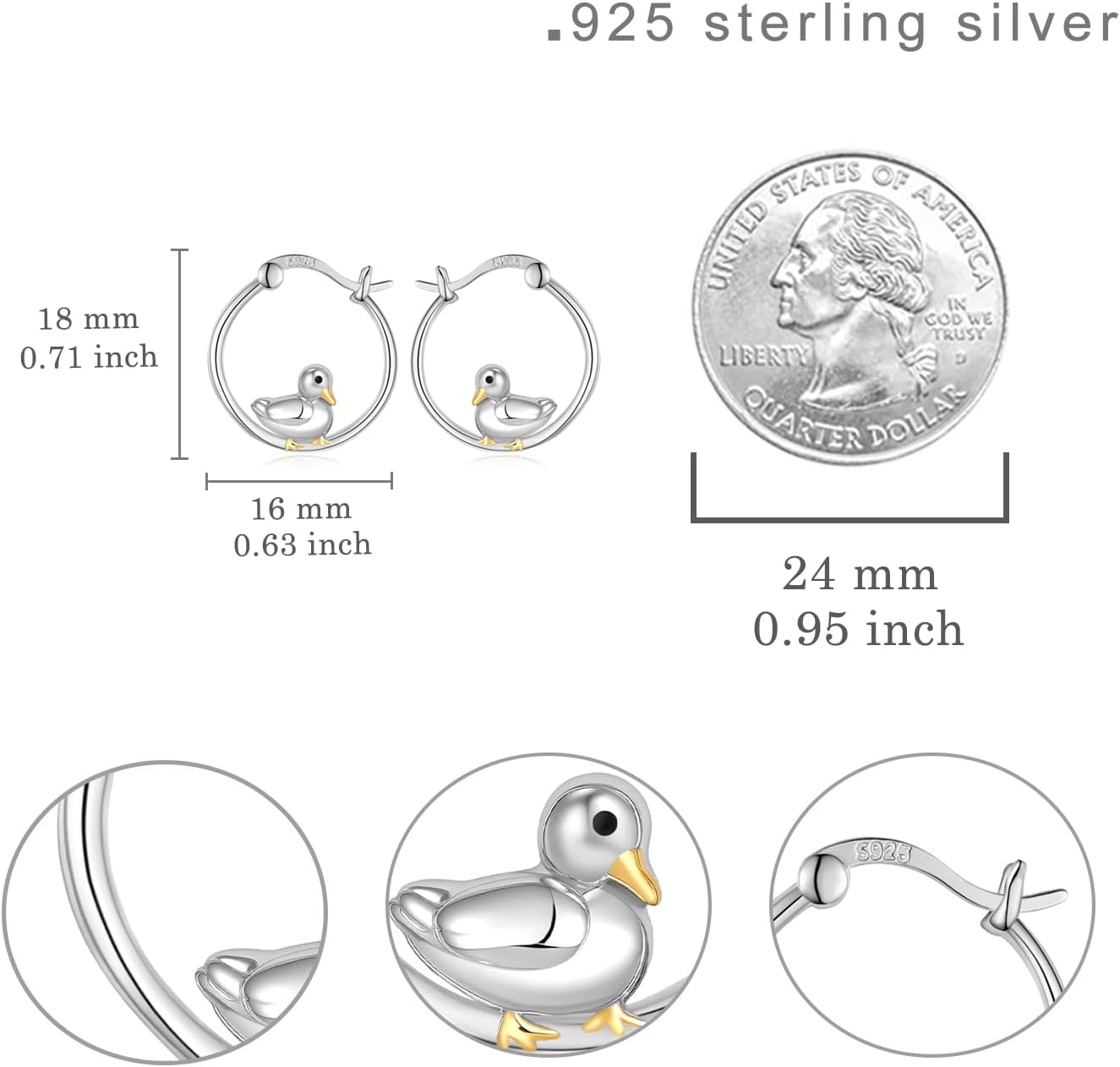 Duck Hoop Earrings 925 Sterling Silver Cute Animal Hoop Earrings Duck Gifts Jewelry for Women - Image 4