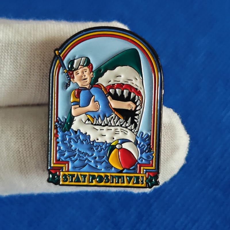Image of Stay Positive Funny Enamel Lapel Pin Swimming meets sharks badge brooch for backpack and coat