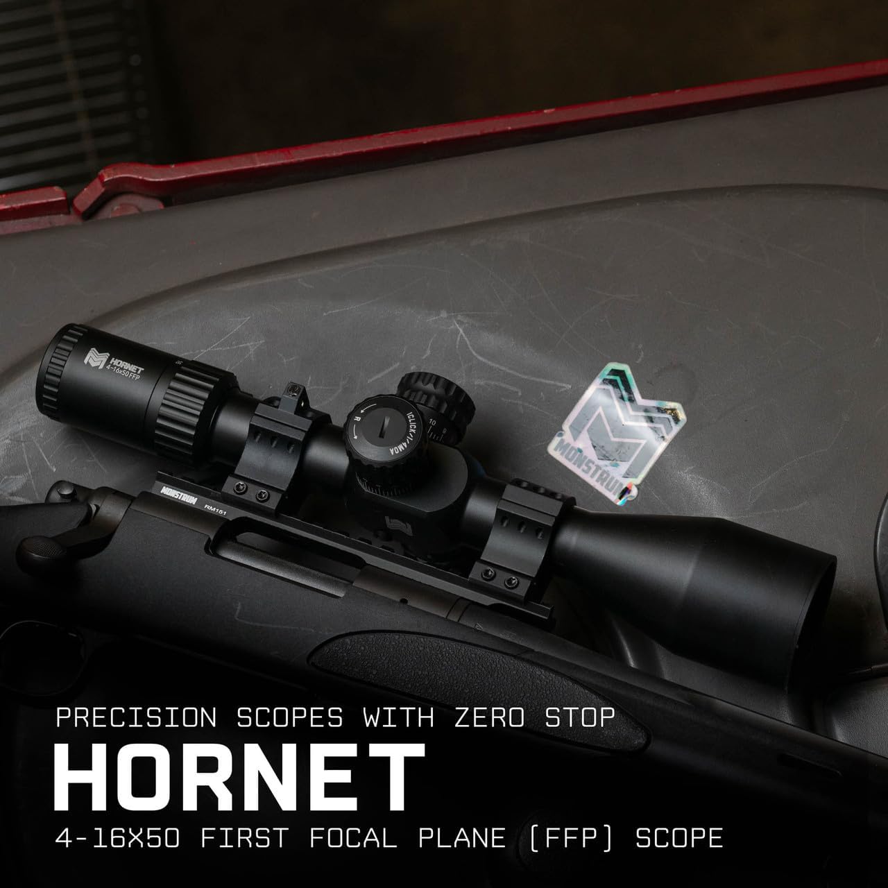 Monstrum Hornet 4-16x50 FFP Rifle Scope | Includes Zero Stop, Bubble Level Scope Rings, and Detachable Sunshade