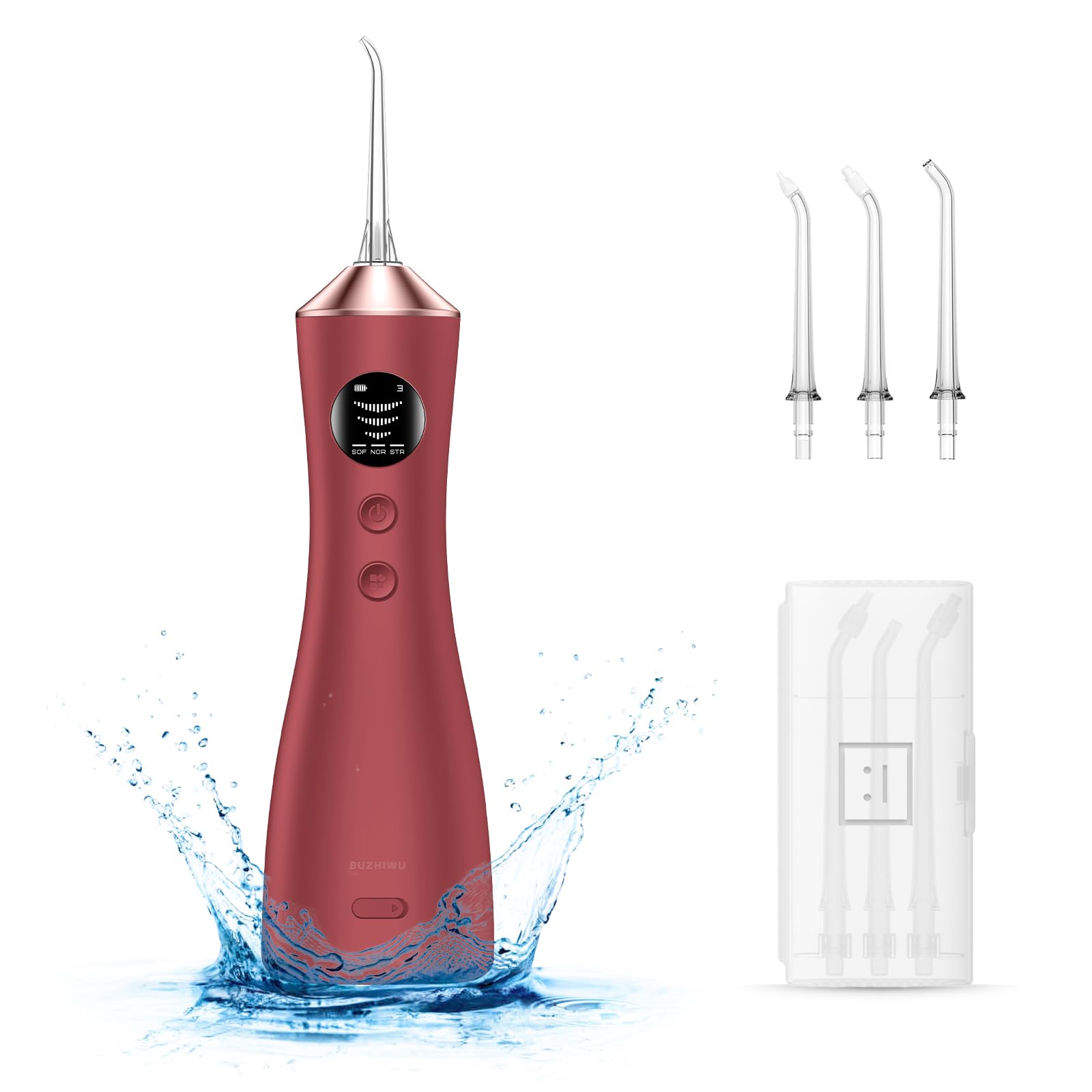 Idropulsore dentale per denti, portatile, senza fili, con 300 ml, ricaricabile, con tipo C, IPX7, impermeabile, per adulti, con 3 modalità di intensità e 3 punte per filo interdentale, bordeaux