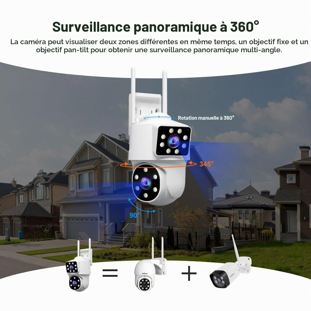 SRIHOME 2 * 2MP Caméras de Surveillance extérieures, 2.4GHz Bullet-PTZ Double Objectif, Détection Humaine, Vision Nocturne en Couleurs, Audio bidirectionnel, Stockage Local SD, IP66 (1)