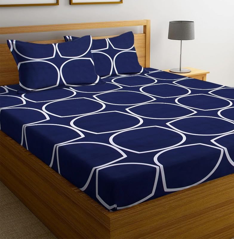 Image of Blue Strip Polycotton Fitted Bedsheet, King 72x78 (Blue Circle) | 300 TC | All-Round Elastic Grip | Soft, Breathable & Colourfast | Wrinkle Resistant | Machine Washable
