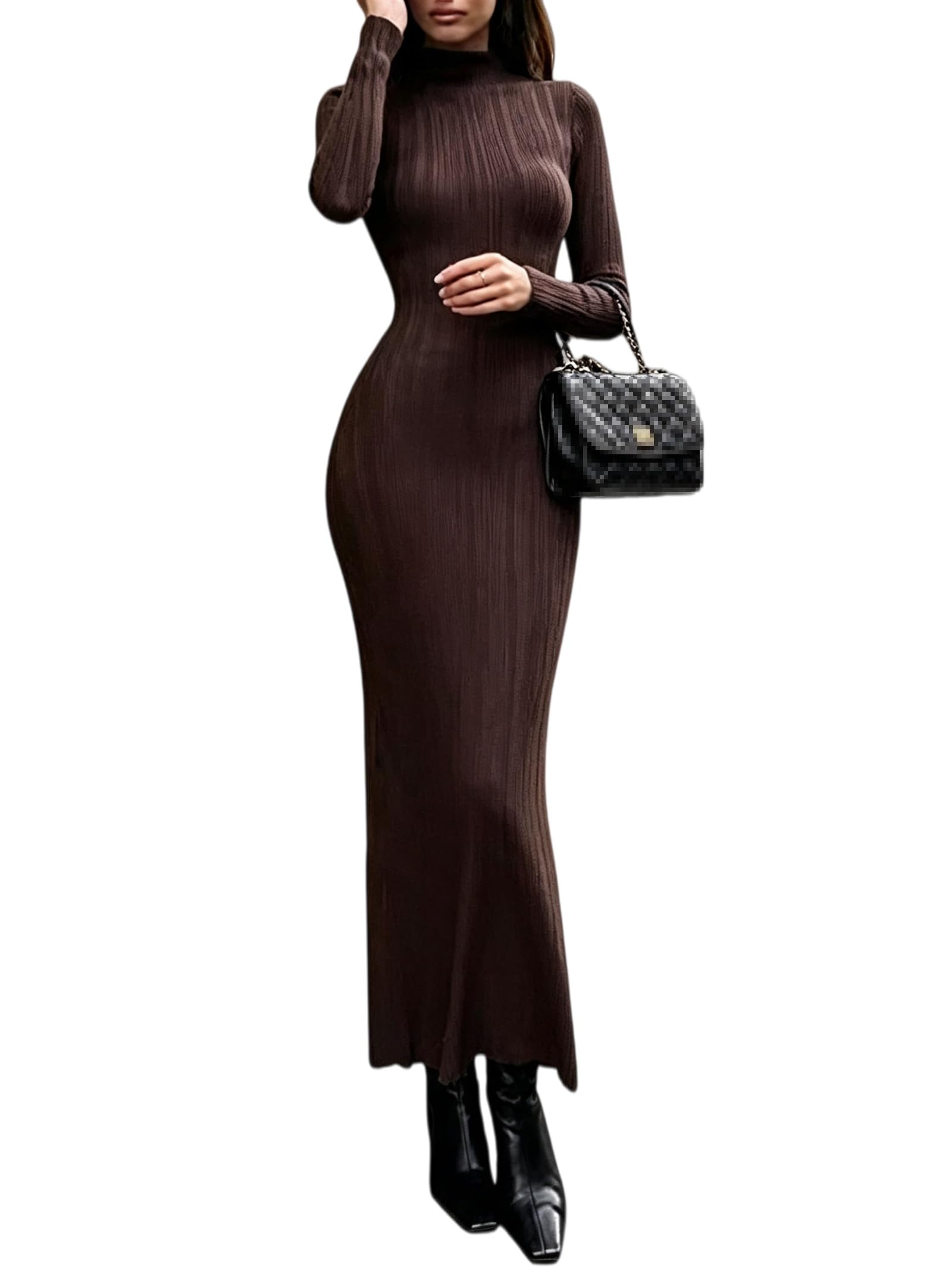 Vestito Donna Maglia Collo Alto Manica Lunga Elegante Autunno Inverno | Vestito donna in maglia a coste con collo alto, elegante e aderente, perfetto per lavoro e tempo libero