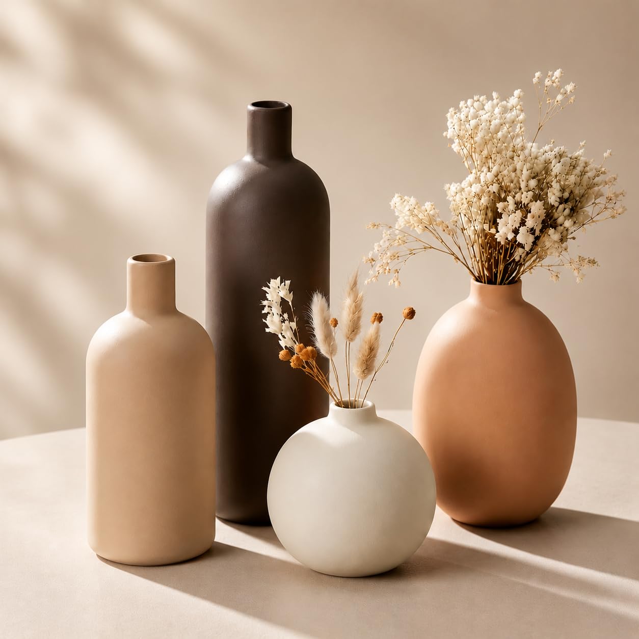 Set di 4 vasi decorativi in ceramica | Piccolo vaso per centrotavola sala da pranzo | Decorazione moderna per fiori secchi, Pampas e mazzi | Colori Morandi