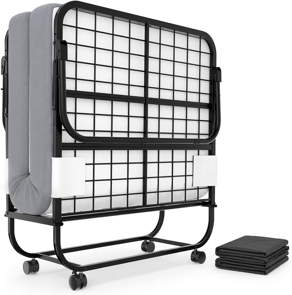 Karcog Rollaway Bed with Mattress for Adults, Folding Bed with Memory Foam Mattress and Sturdy Metal Frame, Cot Size Portable Guest Bed on Wheels with Storage Cover, 75” x 31”