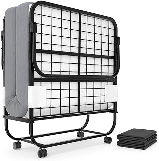 Karcog Rollaway Folding Bed with 4.3" Memory Foam Mattress, Sturdy Steel Frame, Portable Guest Cot on Lockable Wheels, 75x31 Inch, 300 lbs Capacity