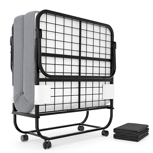 Karcog Rollaway Bed with Mattress for Adults, Folding Bed with Memory Foam Mattress and Sturdy Metal Frame, Cot Size Portable Guest Bed on Wheels with Storage Cover, 75” x 31”